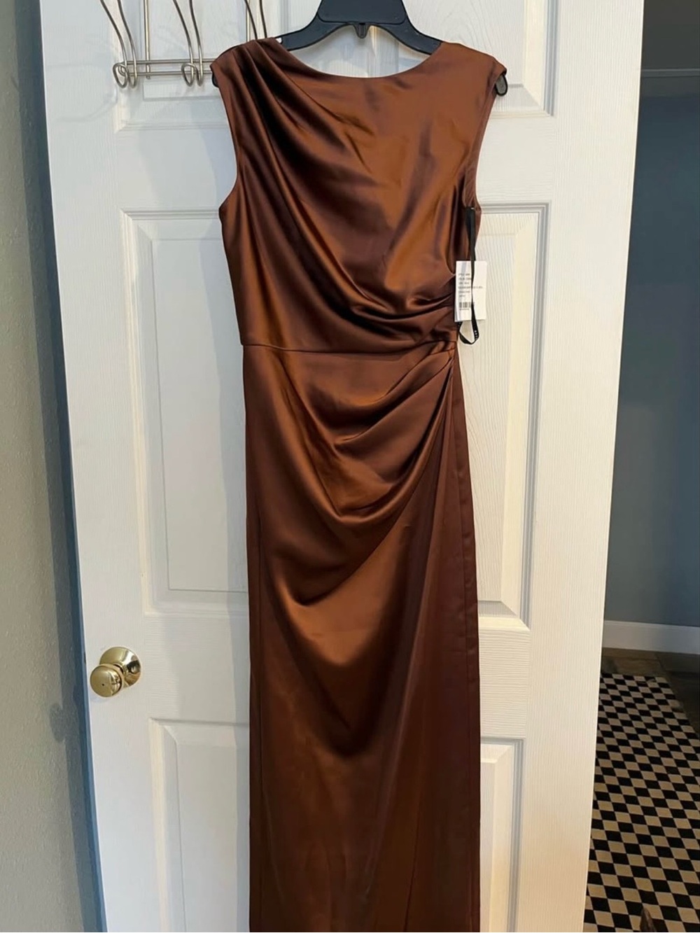 Satin Brown Sleeveless Maxi Dress with Draped Detail